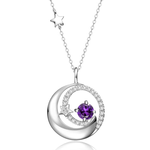 FANCIME Birthstone Necklaces 925 Sterling Silver Moon and Star Pendant Fine Jewelry Birthday Mothers Day Gifts for Mom Wife Her Daughter, Adjustable Chain 16+2" - color: Feb.- Amethyst