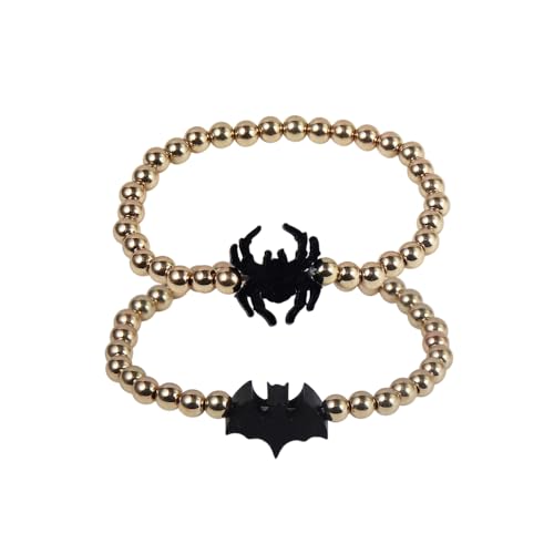 Halloween Gold Beaded Bracelets Wooden Pumpkin Ghost Bat Spider Beads Stretch Bracelet Funny Halloween Holiday Party Gifts for Women - color: B