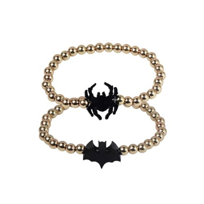 Halloween Gold Beaded Bracelets Wooden Pumpkin Ghost Bat Spider Beads Stretch Bracelet Funny Halloween Holiday Party Gifts for Women - color: B