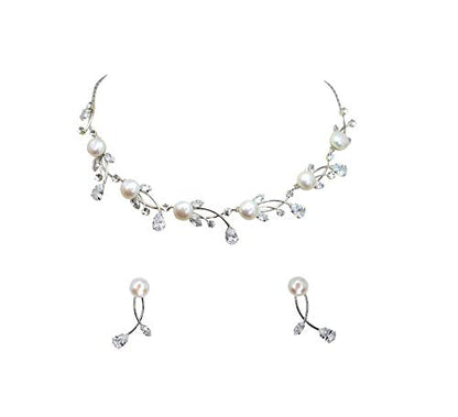 Faship Genuine 10mm Freshwater Pearls Floral Necklace Earrings Set | Premium CZ Crystal, Gorgeous, Sparkling - color: Clear