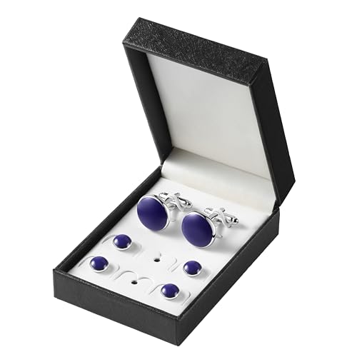 Men's Cufflinks & Tuxedo Studs Set - 316L Stainless Steel Formal Wedding Jewelry, Groomsmen Gift Set with Gift Box - color: 6pcs Blue Silver