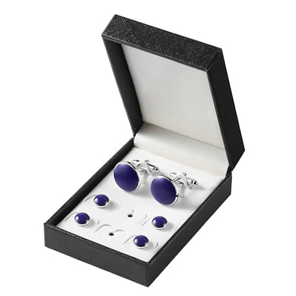 Men's Cufflinks & Tuxedo Studs Set - 316L Stainless Steel Formal Wedding Jewelry, Groomsmen Gift Set with Gift Box - color: 6pcs Blue Silver