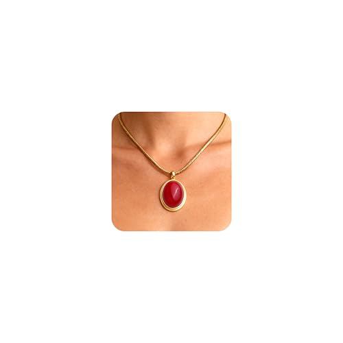 Sonateomber Gold Stone Pendant Necklace for Women, Chunky Statement Dainty Heart Oval Natural Gemstone Dangle Necklaces Wedding Prom Accessories Fashion Jewelry Gift - color: Red Ruby