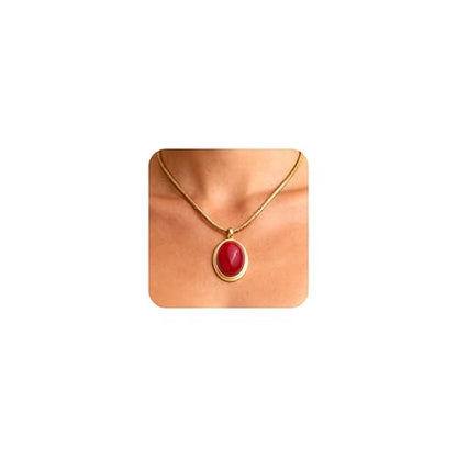 Sonateomber Gold Stone Pendant Necklace for Women, Chunky Statement Dainty Heart Oval Natural Gemstone Dangle Necklaces Wedding Prom Accessories Fashion Jewelry Gift - color: Red Ruby