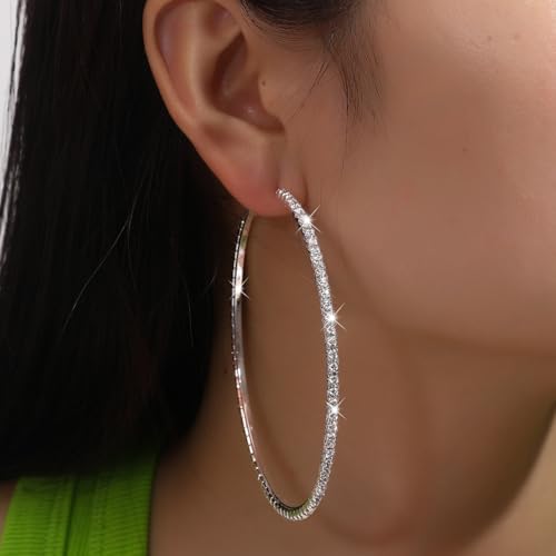 80mm Rhinestone Hoop Earrings for Women Sparkly Earrings Cubic Zirconia Circle Earring Exaggerated Prom Earring Large Rhinestones Round Hoop Earrings Silver Prom Jewelry for Party Wedding Birthday - color: Silver