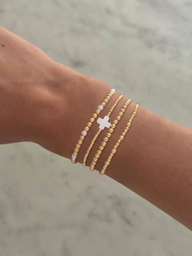 Cuzmly Bracelets for Women, Waterproof 14K Gold/Silver Plated Stackable Bracelets for Women Non Tarnish Trendy Dainty Paperclip Figaro Box Herringbone Hand Chain Bracelet Pack Stack Adjustable Jewelry for Women - style: 4 Beaded Cross