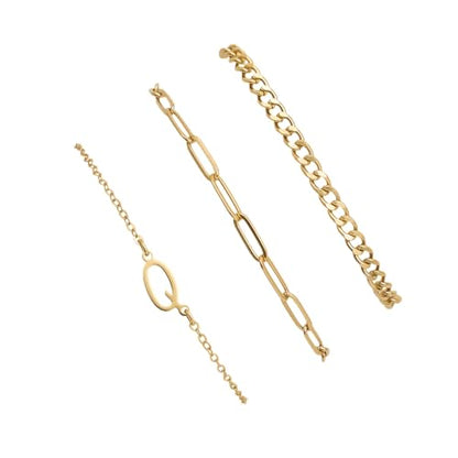 3PCS Gold Bracelet Set for Women, 14K Gold Plated Initial Letter Jewelry, Layered Paperclip and Cuban Chain Stack, Adjustable Stainless Steel Gift - style: Initial-Q