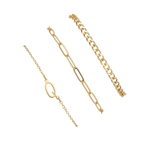 3PCS Gold Bracelet Set for Women, 14K Gold Plated Initial Letter Jewelry, Layered Paperclip and Cuban Chain Stack, Adjustable Stainless Steel Gift - style: Initial-Q
