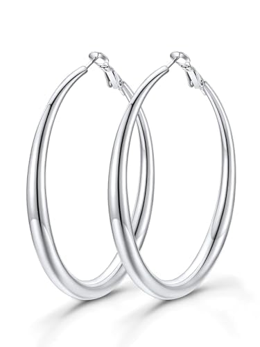KeyStyle 5mm Thick Hoop Earring，Large Gold Hoop Earrings for Women | Stainless Steel Hoops Earring 14K Gold Plated/Silver/Black Hoop Lightweight Hypoallergenic Hollow Tube Hoop(40/60/80MM) - color: Silver, size: 60mm