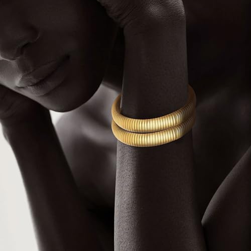 Gold Chunky Stretch Snake Chain Bangle Bracelets Stack for Women Trendy, 18K Gold Filled Stainless Steel Stretchy Womens Stackable Wristband Bangles Bracelet Set - style: GOLD 16MM 2PCS
