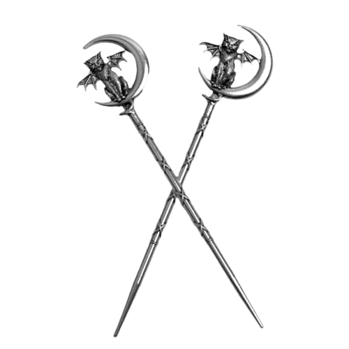 2PCS Retro Moon Crescent Cat Hair Sticks – Gothic Hair Pins for Women, Perfect for Halloween & Thick Hair Styling (QHZB) - color: QHZB