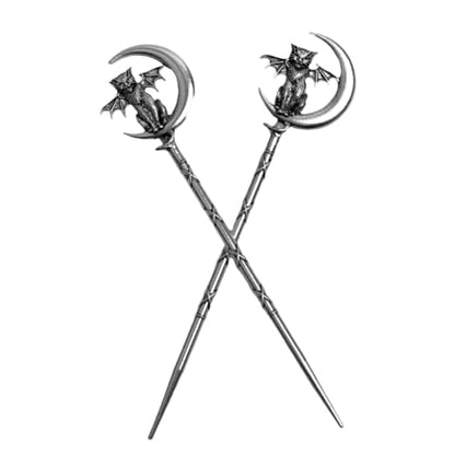 2PCS Retro Moon Crescent Cat Hair Sticks – Gothic Hair Pins for Women, Perfect for Halloween & Thick Hair Styling (QHZB) - color: QHZB