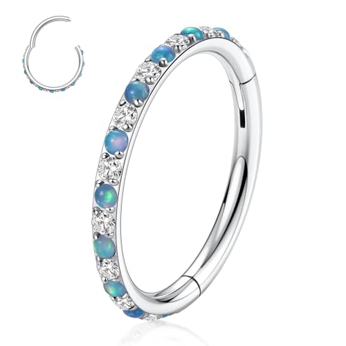 FUNLMO 20G 18G 16G 12G Nose Ring Hoop Conch Rook Daith Helix Tragus Piercing Jewelry 316L Surgical Steel Cartilage Earring Conch Hoop Earring Septum Jewelry Belly Lip Ring 5mm to 14mm - color: Silver-clear CZ&blue opal, 1pc