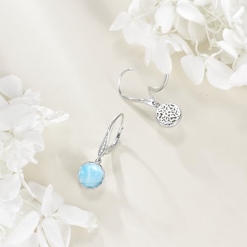 925 Sterling Silver 8mm Pearl Dangle Drop Earrings Moonstone Larimar Opal Rose Quartz Black Pearl Leverback Earrings for Women Christmas Gifts for Her - style: Larimar Earrings