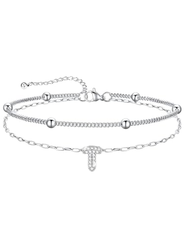 U7 Initial Ankle Bracelets for Women Silver/Gold Anklets Waterproof, 14K Gold Plated Layered Anklets Bracelet Stainless Steel Hypoallergenic 8.5"-10.5" - color: Silver-CZ, size: T