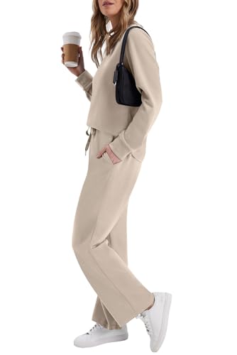 WIHOLL Lounge Sets for Women 2 Piece Travel Vacation Outfits Fall 2026 Sweatsuit Tracksuit - color: Beige, size: Medium