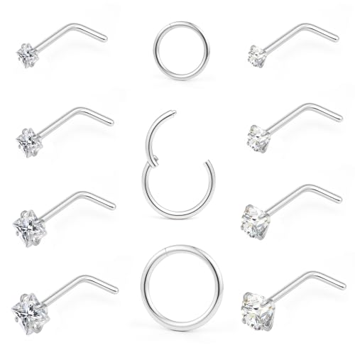 20g Nose Rings Studs and 18g Nose Rings Hoops for Women Men: Hypoallergenic Surgical Stainless Steel Threadless Corkscrew/L Shape/Straight Nose Studs Round Square Simulated Diamond CZ 1.5/2/2.5/3mm Nose Bone Studs Hinged Clicker Segment Nose Hoops Septum