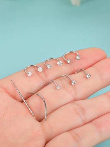 Aumeo Horseshoe 18G Nose Rings 8mm for Women, Surgical Steel 20G L Shaped Nose Rings Studs 7mm, Internally Threaded Tragus Cartilage Helix Earrings, Silver/Gold - style: Silver, 3pcs horseshoe nose rings