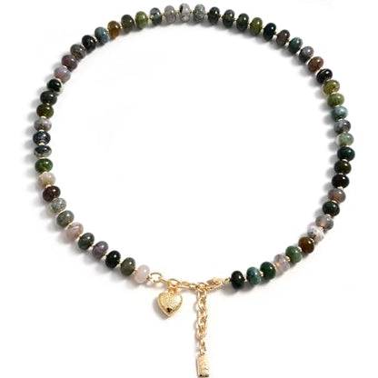Boho Gemstone Beaded Necklace for Women – Colorful Natural Stone Choker 18K Solid Heart-Shaped Pendant, Summer Beach Jewelry - color: Indian Agate
