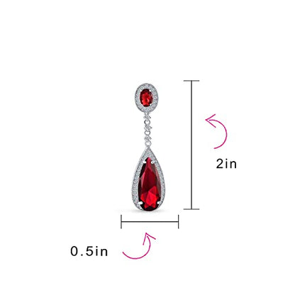 Long Cocktail CZ Halo Teardrop Chandelier Clip On Earrings Silver Plated - color: Red