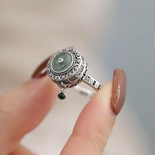 Adjustable Spinner Fidget Ring for Women - Vintage Ping An Buckle Amulet Rotating Ring, Green Jade & CZ Crystal Anxiety Relief Ring, Open Band Stress Relief Protection Jewelry, Unique Boho Gift for Her