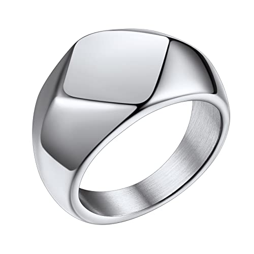 Bestyle Stainless Steel Signet Ring for Men Women in Gold/Black/Silver/Vintage Gray Tone, Chunky Thick Heavy Dome Band Ring Cool Finger Ring, Gift for Dad Husband, Size 7-14 Customizable - color: 03. Silver-Rhombus