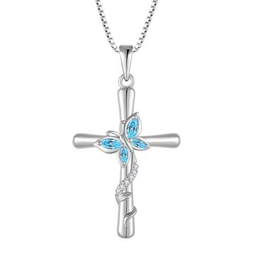 Cross Necklace for Women 925 Sterling Silver Butterfly Necklace Birthstone Pendant Created Gemstone Jewelry Gifts for Women - color: 03 March - Aquamarine