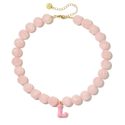 DoDoBeads Chunky Colorful Beaded Initial Necklace, Bubble Letter Choker | Gift box and dust pouch included; waterproof and sweat-resistant with real gold plated stainless steel hardware - color: Pink-L