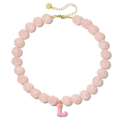 DoDoBeads Chunky Colorful Beaded Initial Necklace, Bubble Letter Choker | Gift box and dust pouch included; waterproof and sweat-resistant with real gold plated stainless steel hardware - color: Pink-L