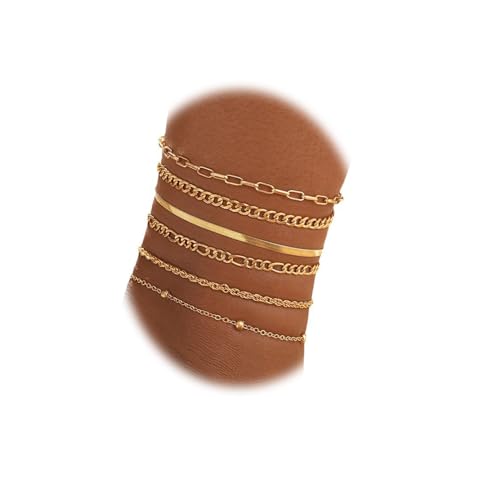 Adjustable Waterproof Layered Bracelets for Women Summer Beach Cuban Link Chain Anklets Set Herringbone Paperclip Beaded Snake Chain Stackable Anklet Stainless Steel Jewelry Bracelet - color: 6PCS-Gold