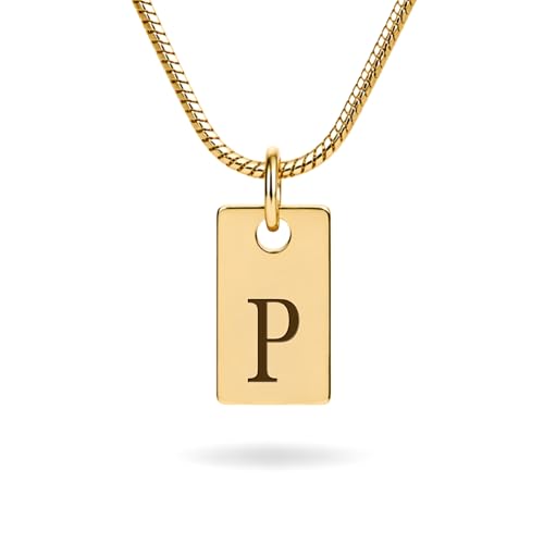 Initial Necklace in 18K Gold Plated, Personalized Engraved Letter Pendant, Gold Snake Chain, 6×10 mm Rectangle Charm for Women - color: P