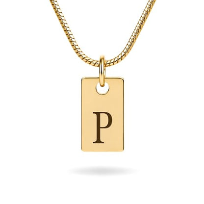 Initial Necklace in 18K Gold Plated, Personalized Engraved Letter Pendant, Gold Snake Chain, 6×10 mm Rectangle Charm for Women - color: P
