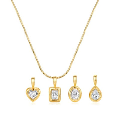 Interchangeable Removable CZ Charms Necklace, Gold Silver Stainless Steel Adjustable Box and Rice Bead Chain Minimalist Custom DIY Pendant Jewelry Gifts - color: Gold-A