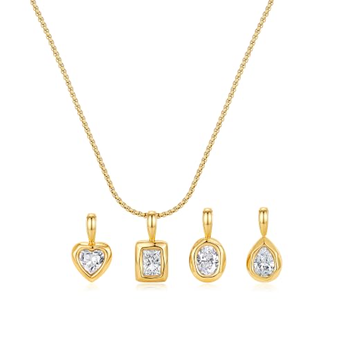 Interchangeable Removable CZ Charms Necklace, Gold Silver Stainless Steel Adjustable Box and Rice Bead Chain Minimalist Custom DIY Pendant Jewelry Gifts - color: Gold-A