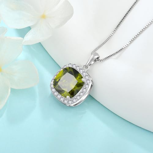 Birthstone Necklace for Women 925 Sterling Silver Princess Cut Halo Necklace Pendant Jewelry for Mom Wife - color: Olive Green