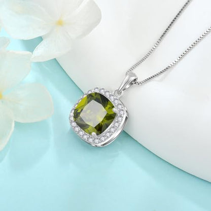 Birthstone Necklace for Women 925 Sterling Silver Princess Cut Halo Necklace Pendant Jewelry for Mom Wife - color: Olive Green