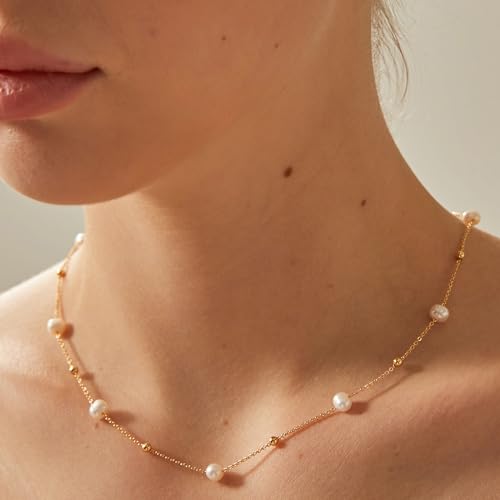 Pearl Necklace for Women- 14K Gold-plated/White Gold-plated Dainty Pearl Necklace for Women - color: Bead pearl station