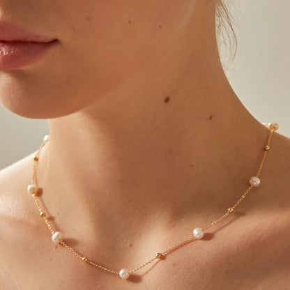 Pearl Necklace for Women- 14K Gold-plated/White Gold-plated Dainty Pearl Necklace for Women - color: Bead pearl station