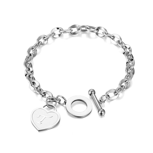 Initial Heart Charm Bracelets for Women 14K gold/Silver Tone Stainless Steel OT Clasp Heart A-Z Letter Name Bangle Bracelet Gifts - color: T