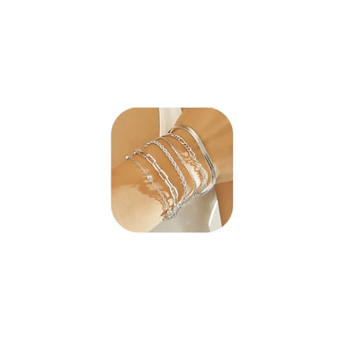 Wgoud Waterproof Gold Bracelets for Women Trendy, Dainty 14K Real Gold Plated Fashion Stackable Bracelet Sets for Women Thin Cuban Link Paperclip Chain Bracelets Layered Gold Jewelry Sets Gifts for Womens - color: 6Pcs Silver Bracelet