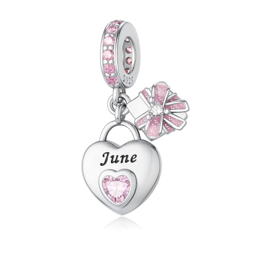 925 Sterling Silver Birthstone Bracelet Charm - Unique Heart Shaped Design, Fits most Europe Pandora Bracelets and Necklaces, women's DIY holiday Gifts - style: F-June