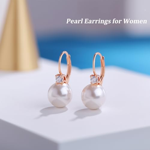 925 Sterling Silver Pearl Leverback Earrings for Women Cubic Zirconia Pearl Jewelry 10MM - color: A: Leverback-Rose Color