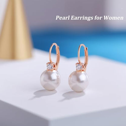 925 Sterling Silver Pearl Leverback Earrings for Women Cubic Zirconia Pearl Jewelry 10MM - color: A: Leverback-Rose Color
