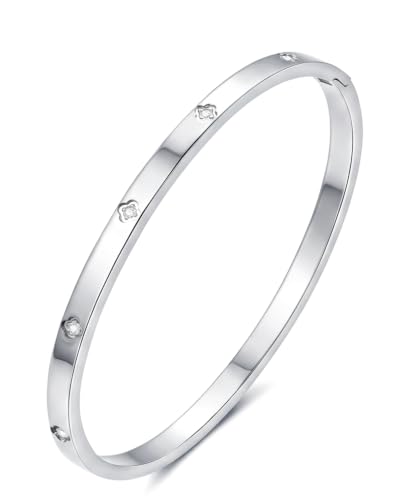 Joo&Rind Gold Bangle Bracelets for Women 18K Gold Plated Stainless Steel Bracelet Oval Hinged Bangles for Small Wrists Non Tarnish Waterproof with Cubic Zirconia Jewelry Gift for Everyday Wear Birthday - color: Small Cleef-Silver