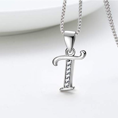 Aurora Tears Letter Necklace Initial 925 Sterling Silver Alphabet Pendant Crystal Name Gift Women Cubic Zirconia Jewelry - color: T