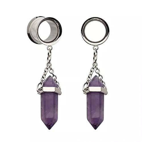 Pierced Owl 316L Stainless Steel Dangling Amethyst Stone Double Flared Tunnel Plugs, Sold as a Pair - style: 12mm (1/2")
