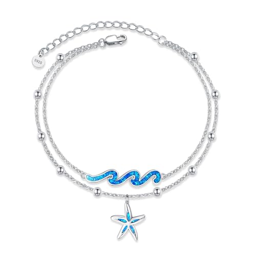 YFN Wave Anklet 925 Sterling Silver Ocean Wave Layered Ankle Bracelet Wave Beach Jewelry for Women Gifts - style: Wave Starfish Anklet