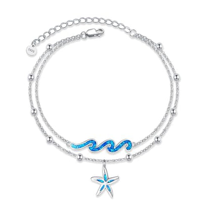 YFN Wave Anklet 925 Sterling Silver Ocean Wave Layered Ankle Bracelet Wave Beach Jewelry for Women Gifts - style: Wave Starfish Anklet
