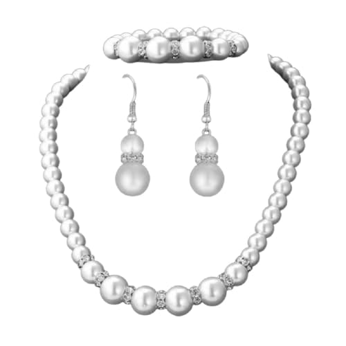 DATOA 3 Pcs Set Elegant Pearl Round Beads Imitation Pearl Acrylic Necklace Earrings Bracelet Sparkling Crystal Jewelry for Women Wedding Engagement Jewelry Set - color: Silver