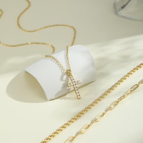 MFRYK Gold Necklaces for Women,14K Gold/Silver Plated Choker Layered Necklace Dainty Pearl Disc Cross Circle Heart Pendant Chain Stackable Necklaces, Multilayer Jewelry Set Gifts for Women - style: 3Layered Cz Cross-GD